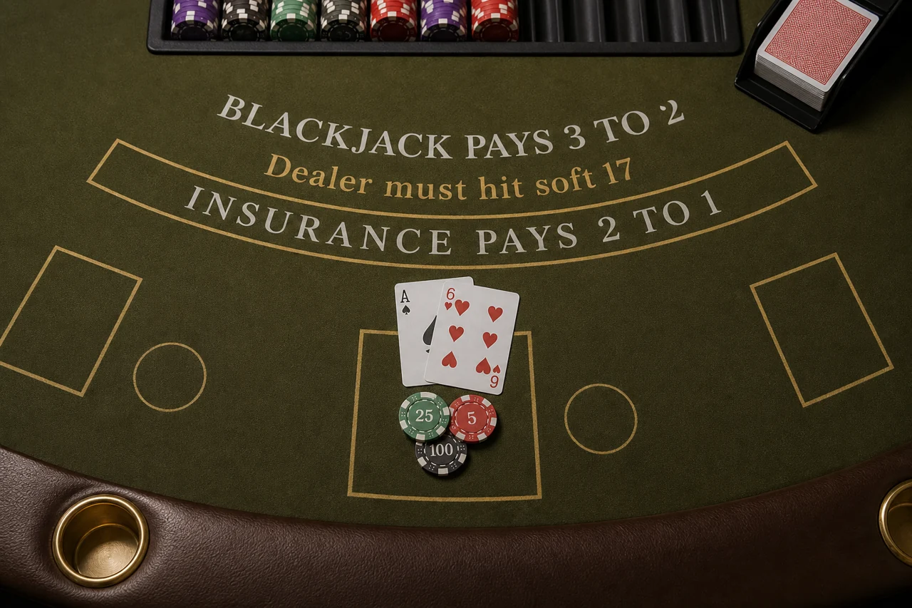 Top-down real casino blackjack mat with a small modest pile of chips and two cards, olive felt, careful restrained editorial composition