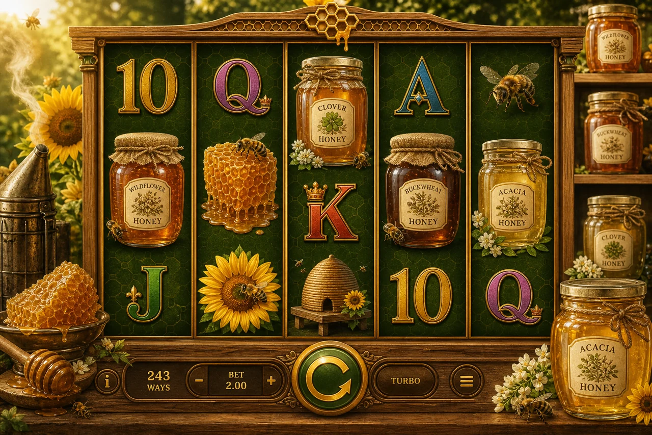 Five-reel honey harvest slot with detailed honey jars, bees and sunflowers, warm adult casino aesthetic rather than children cartoon, golden sunlight and moss green